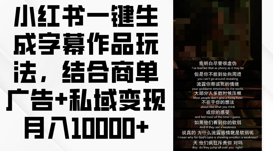 小红书一键生成字幕作品玩法，结合商单广告+私域变现月入10000+ - 入巷拾玖