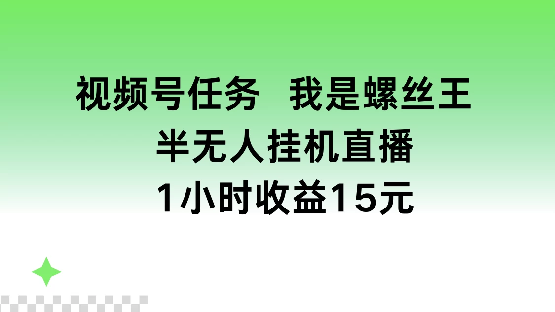 视频号任务，我是螺丝王， 半无人挂机1小时收益15元 - 入巷拾玖