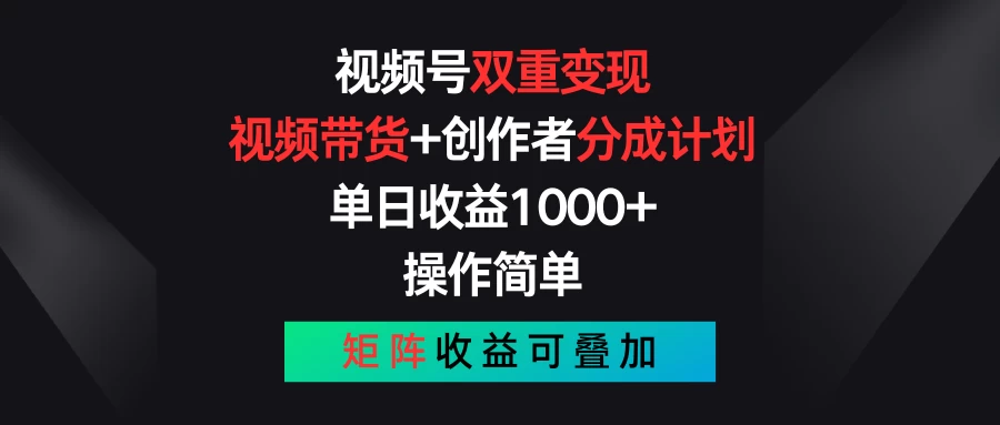 视频号双重变现，视频带货+创作者分成计划 , 单日收益1000+，操作简单，矩阵收益叠加 - 入巷拾玖