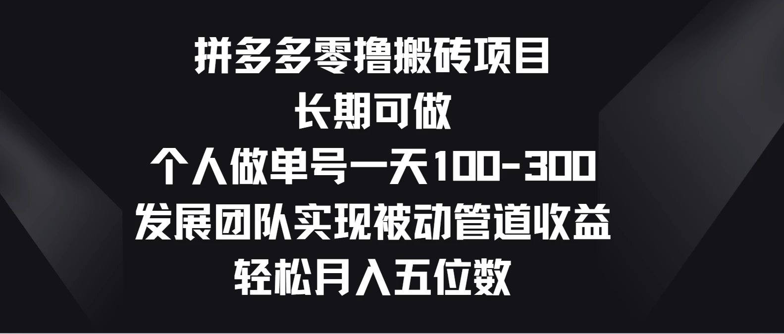 拼多多零撸搬砖项目，长期可做，个人做单号一天100-300，发展团队实现被动管道收益，轻松月入五位数 - 入巷拾玖