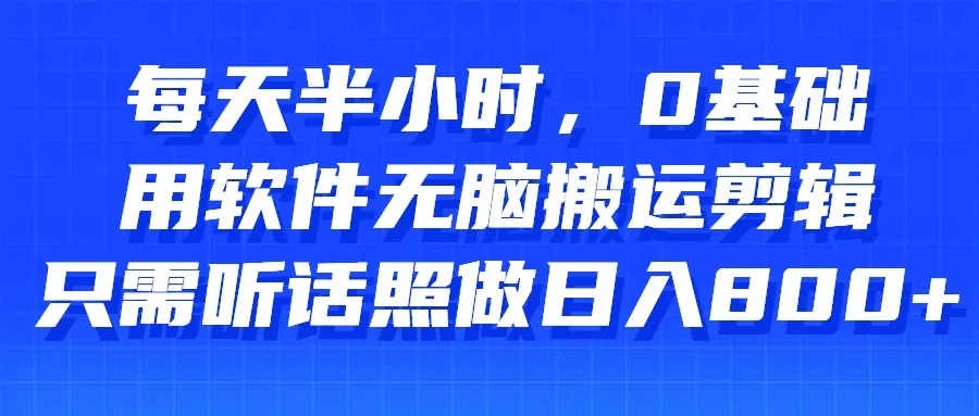 每天半小时，0基础用软件无脑搬运剪辑，只需听话照做日入800+ - 入巷拾玖