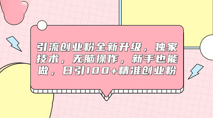 引流创业粉全新升级，独家技术，无脑操作，新手也能做，日引 100+ 精准创业粉 - 入巷拾玖