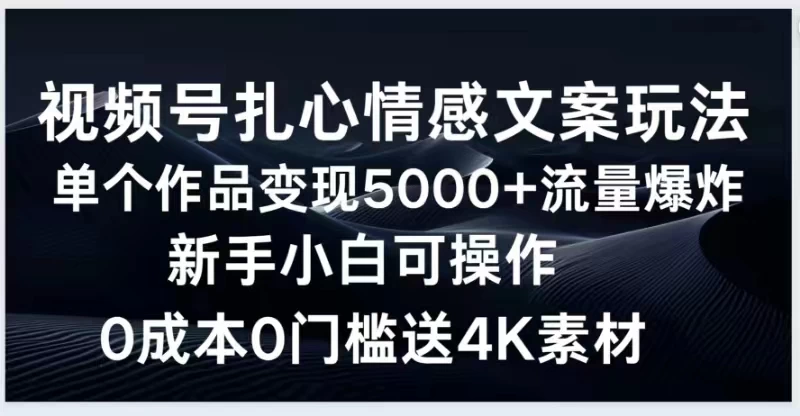 视频号扎心情感文案玩法，单个作品变现5000+，流量爆炸，两分钟一条作品，新手小白可操作，0成本0门褴送4K素材送工具 - 入巷拾玖