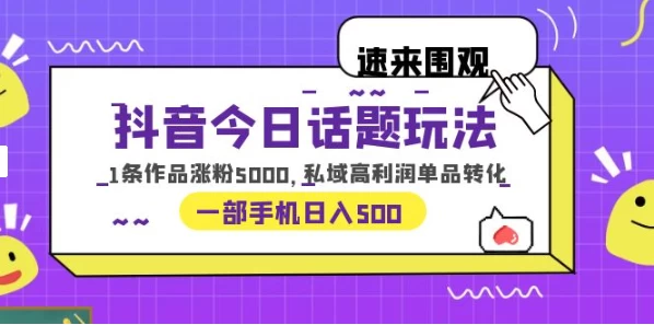 一部手机轻松实现日入 500，抖音今日话题玩法，1条作品涨粉 5000，私域高利润单品转化 - 入巷拾玖