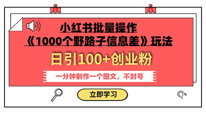 小红书批量操作《 1000 个野路子信息差》玩法，日引 100+ 创业粉，一分钟一个图文 - 入巷拾玖