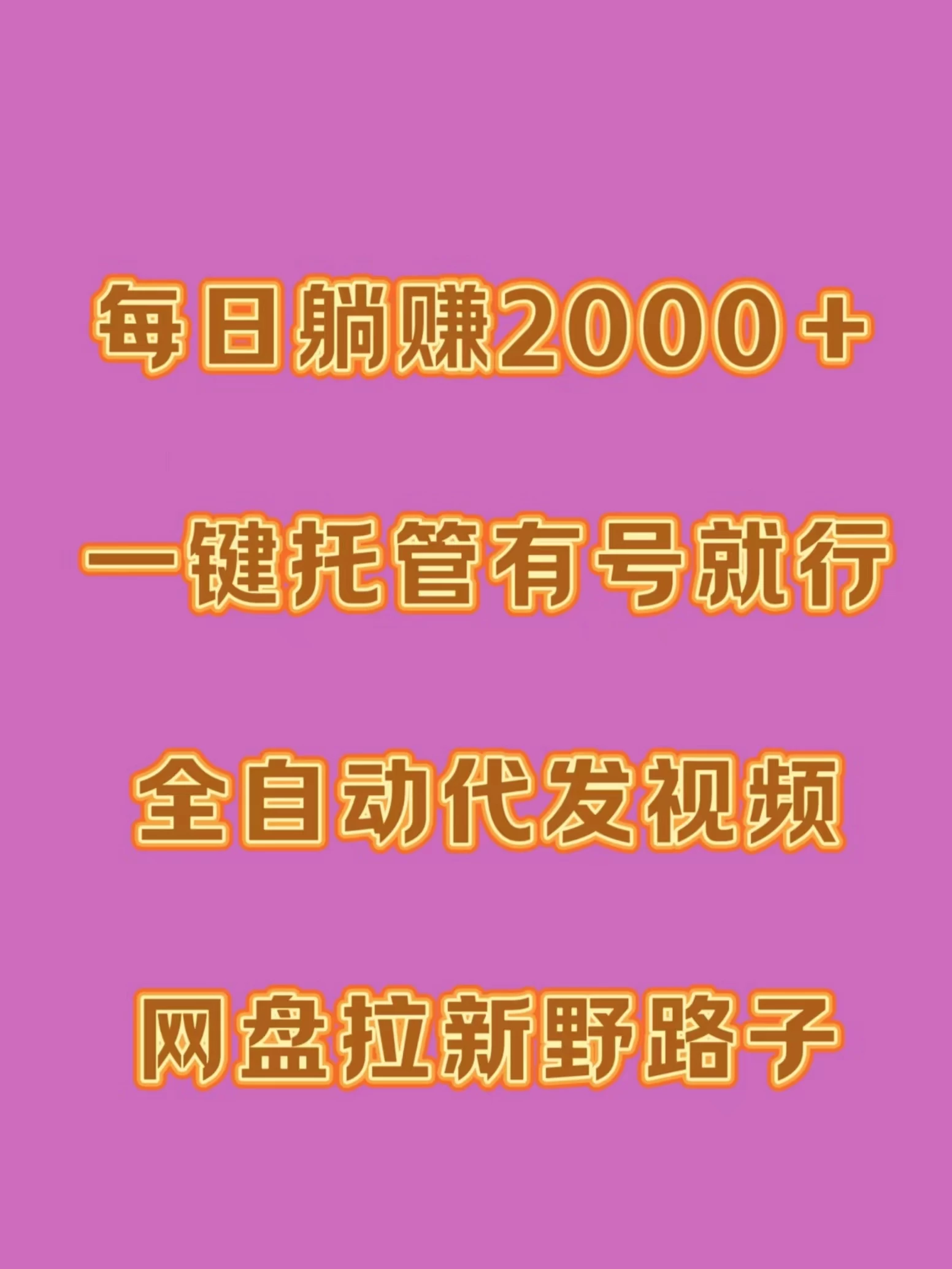 每日躺赚2000＋，一键托管有号就行，全自动代发视频，网盘拉新野路子 - 入巷拾玖
